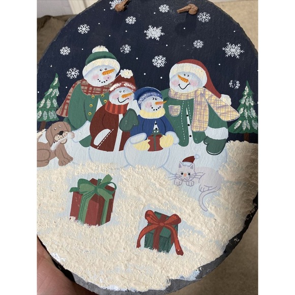 Hand Painted Snowman & Christmas Tree on Slate Holiday Winter Wall Decor Hanging - Picture 4 of 4